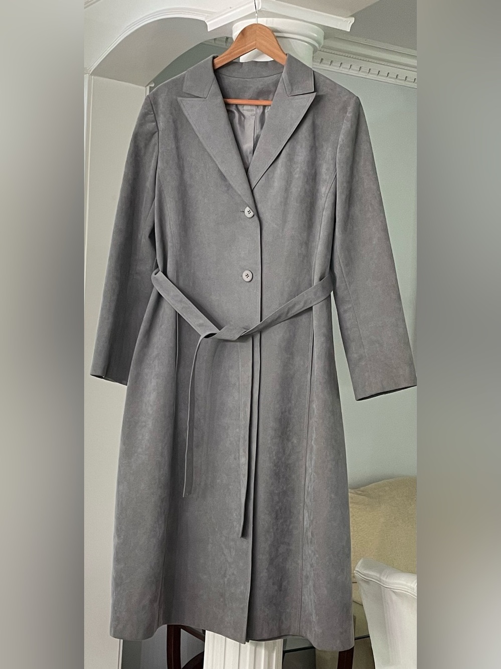 Ultra suede brand fabric women’s light blue/ gray faux suede trench coat